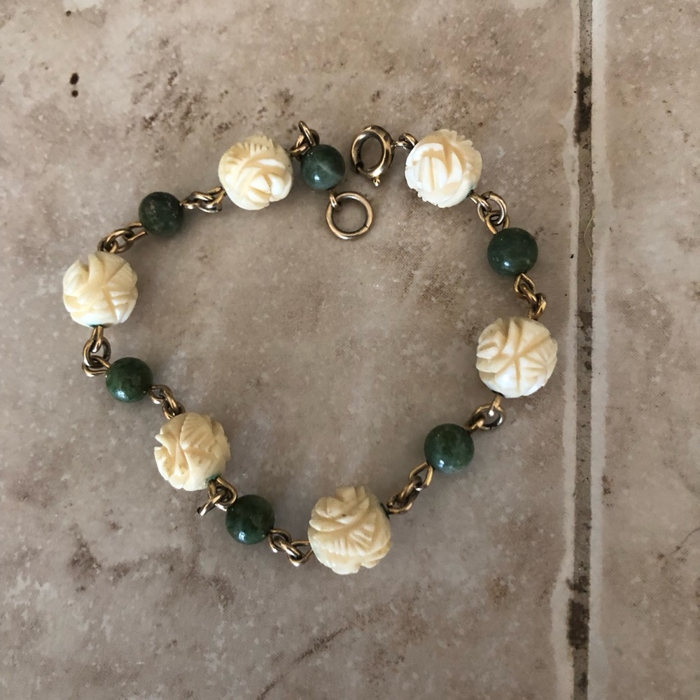 🐲❤️Vintage Carved Bone & Jade Brass Bracelet- 798 $40 or $35 w/offer